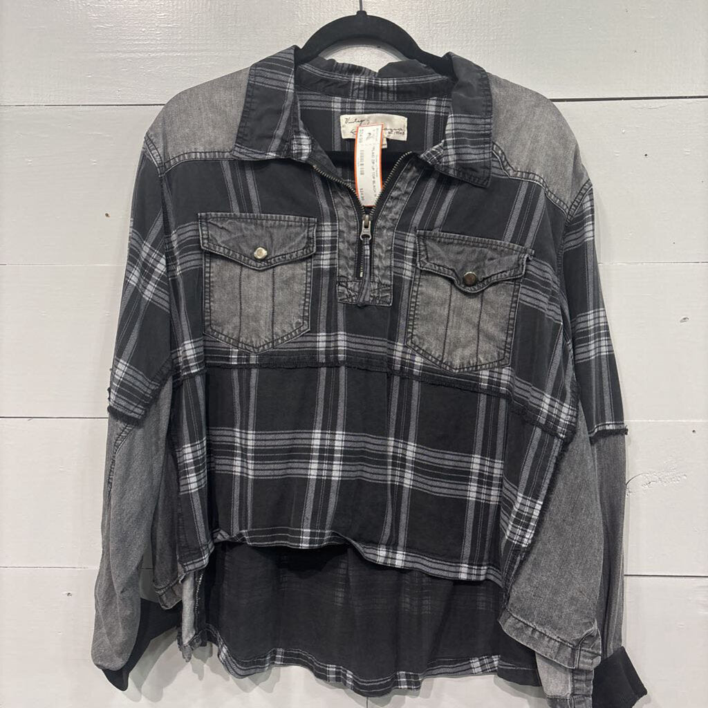 VINTAGE HAVANA,*PLAID ZIP UP TOP,BLACK,M