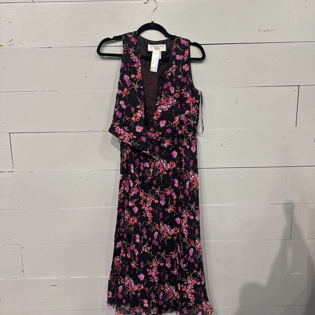 JONES NEW YORK,*FLORAL TIE V NECK DRESS,BLACK PINK,4