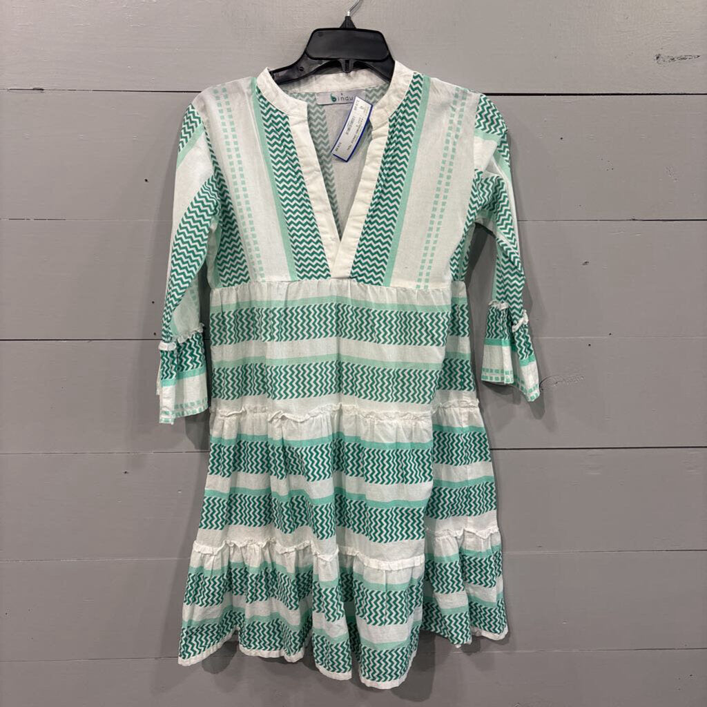 BINDU,PATTERNED DRESS ,TEAL WHT ,S