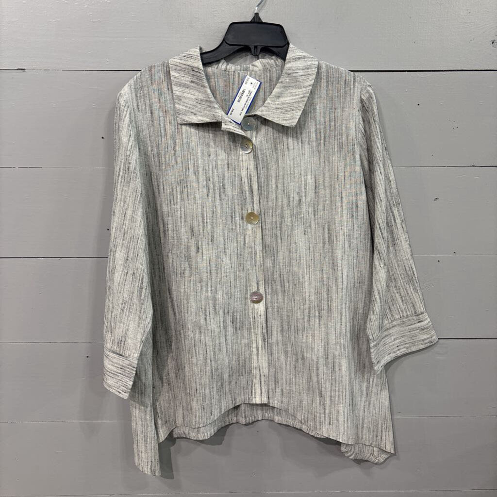 LINEN BLEND BUTTON TOP ,GRY,XL