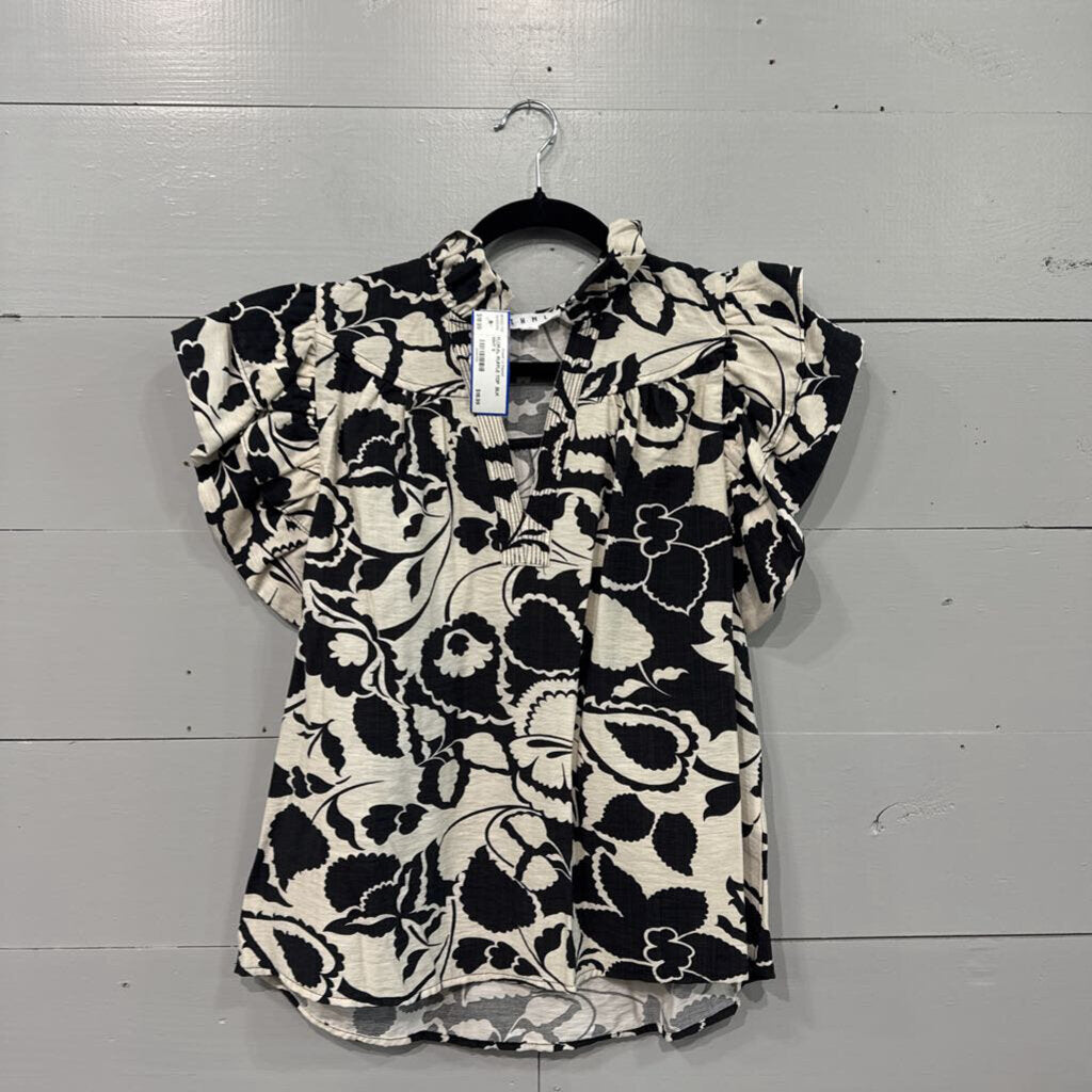 THML,FLORAL RUFFLE TOP ,BLK WHT,S