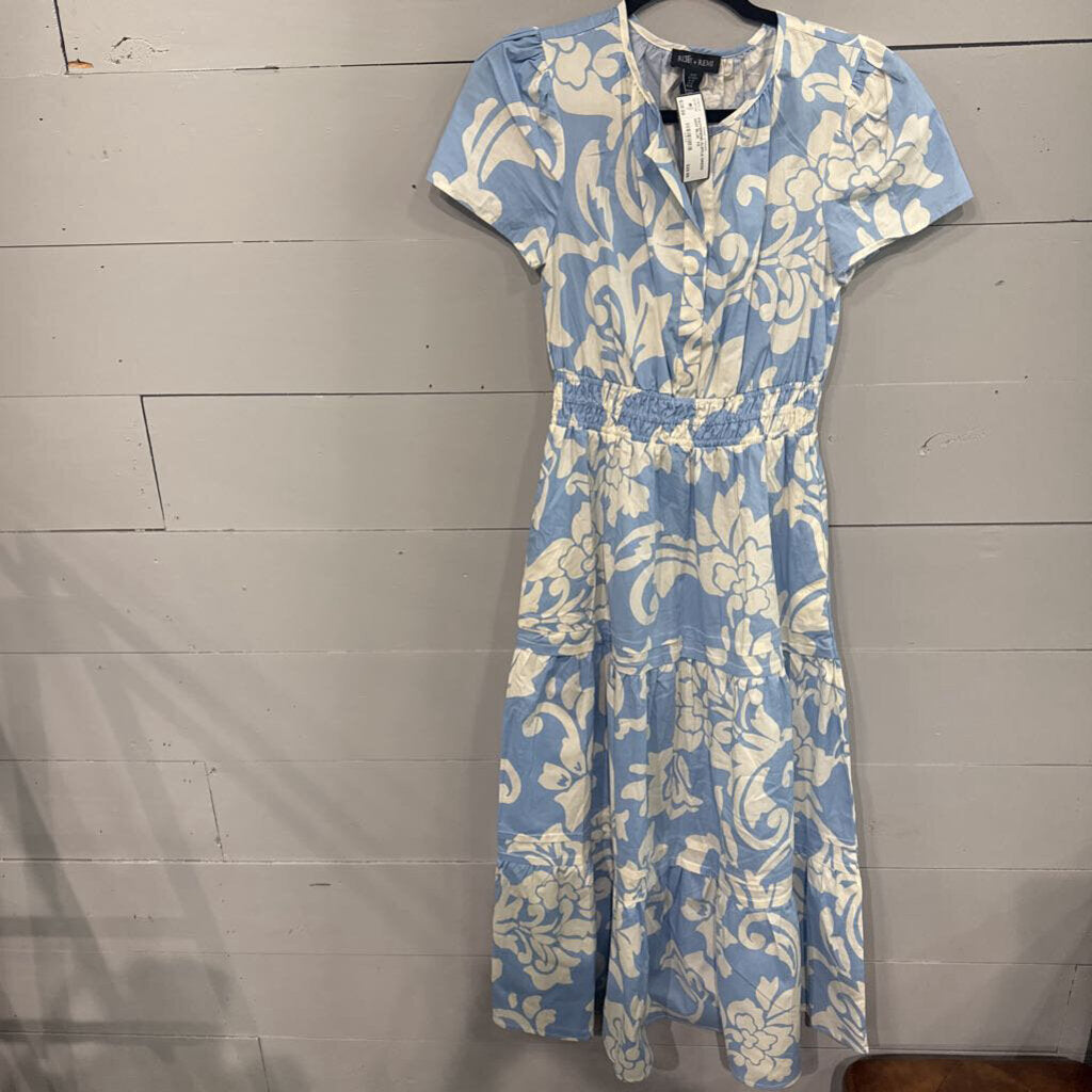 RUBY + REMI,PATTEREND RUFFLE DRESS ,WHT BLUE ,XS