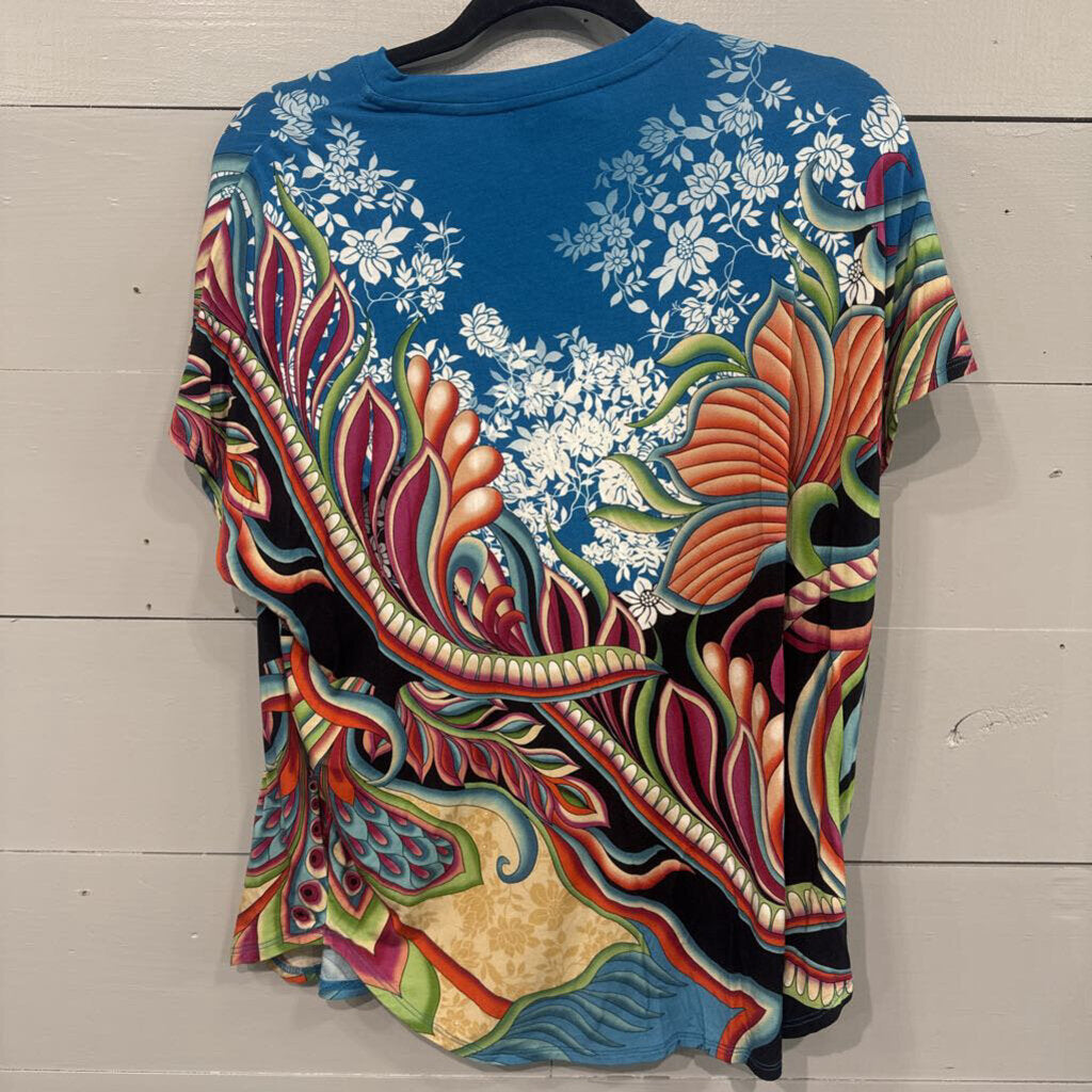 JOHNNY WAS,JW FLORAL PATTERNED TSHIRT TOP ,BLUE MULTI,S