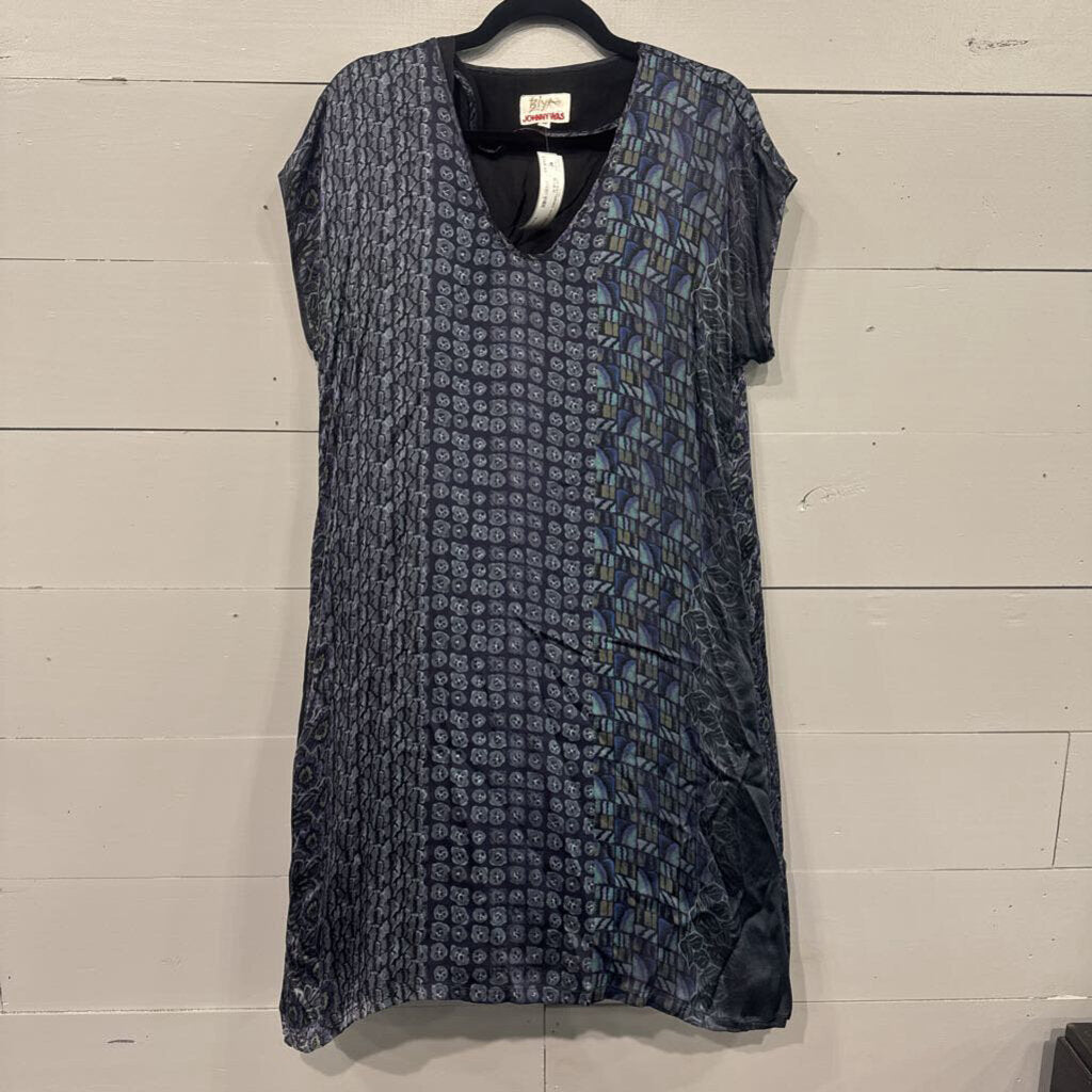 JOHNNY WAS,JW PATTERNED SILK DRESS,BLUE,M