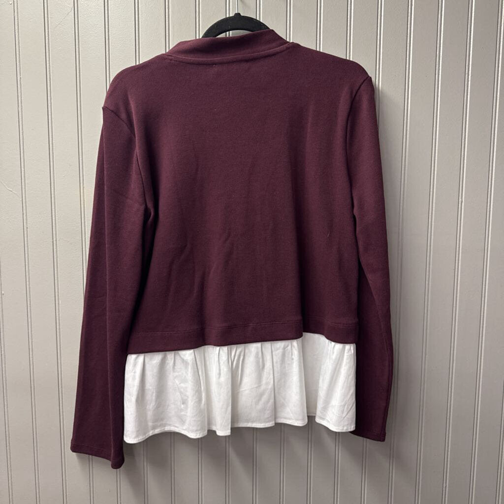 ANN TAYLOR,RIBBED RUFFEL BOTTOM TOP,MAROON WHT ,L