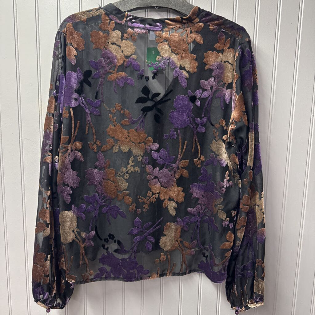 LUCY PARIS,FLORAL VELVET TOP ,BLK BRN OUR ,M