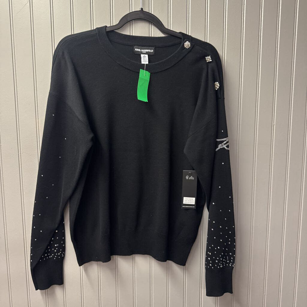 KARL LAGERFELD,NWT JEWELED BUTTON SWEATER ,BLK SILVER ,M