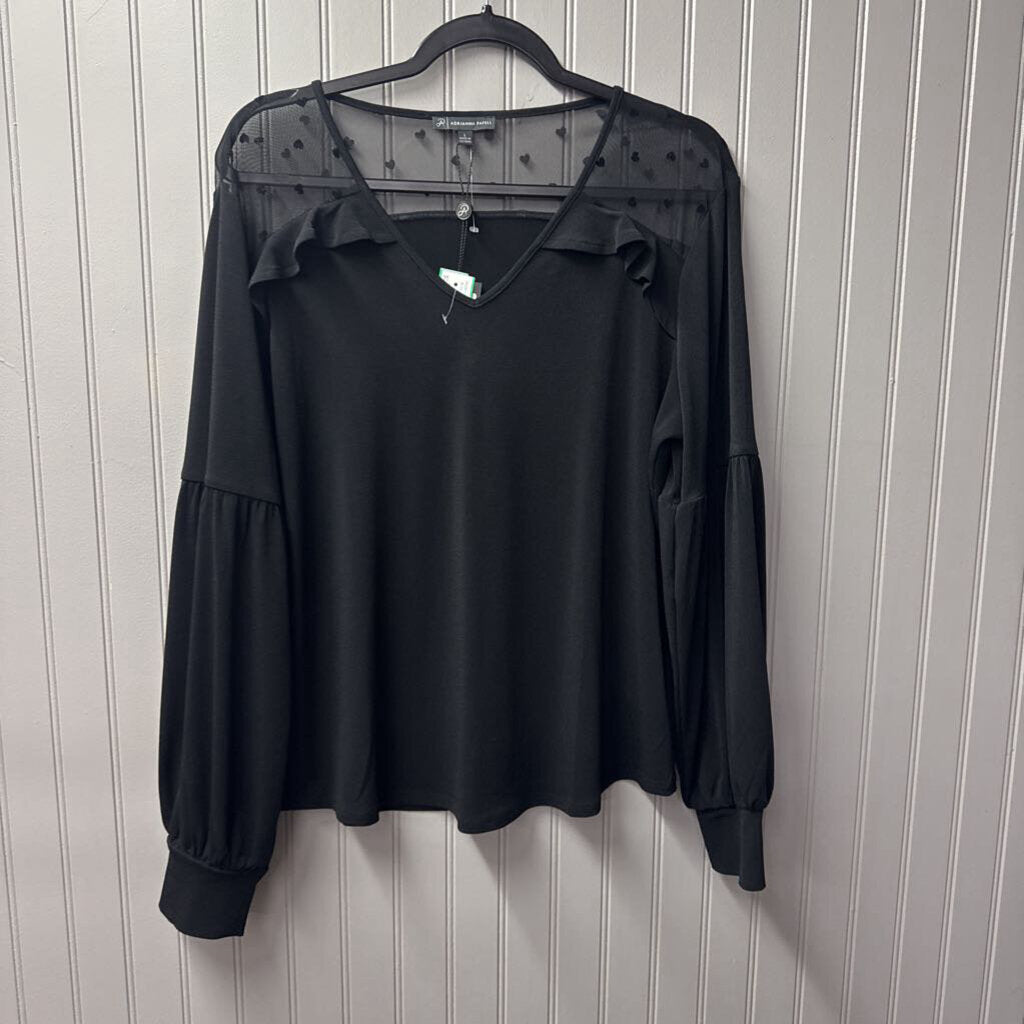 ADRIANNA PAPELL,NWT HRT MESH RUFFLE TOP ,BLK ,L