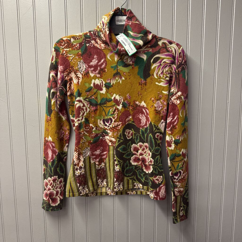 NEIMAN MARCUS,CASHMERE FLORAL TURTLENECK TOP,MUSTARD MULTI,S