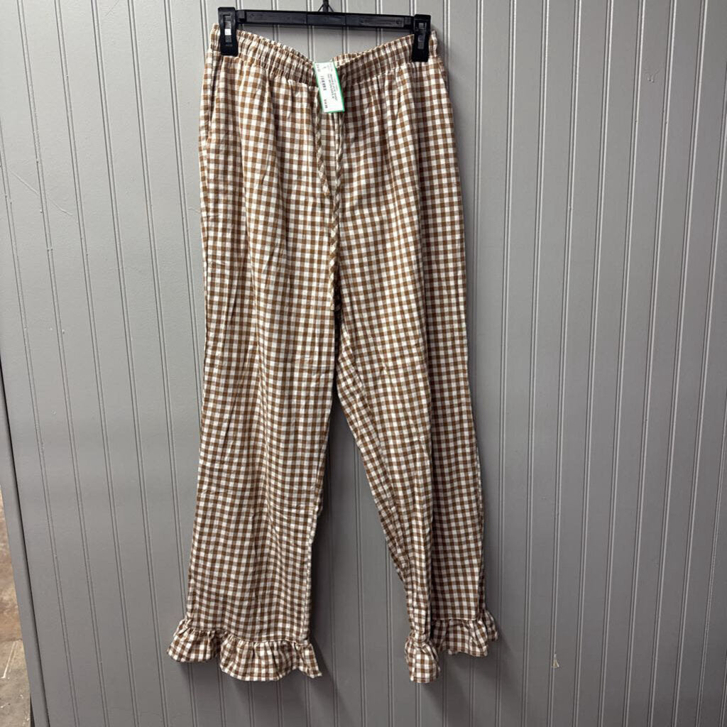 NO BRAND,GINGHAM ELASTIC WAIST PANT,BROWN/WHITE,M
