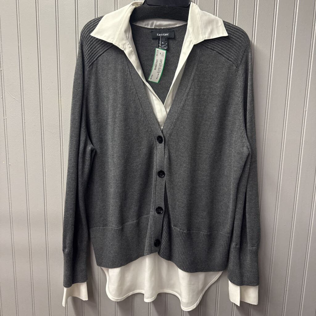 KAREN KANE,SWEATER BLOUSE BUTTON TOP,GRAY/WHT,XL
