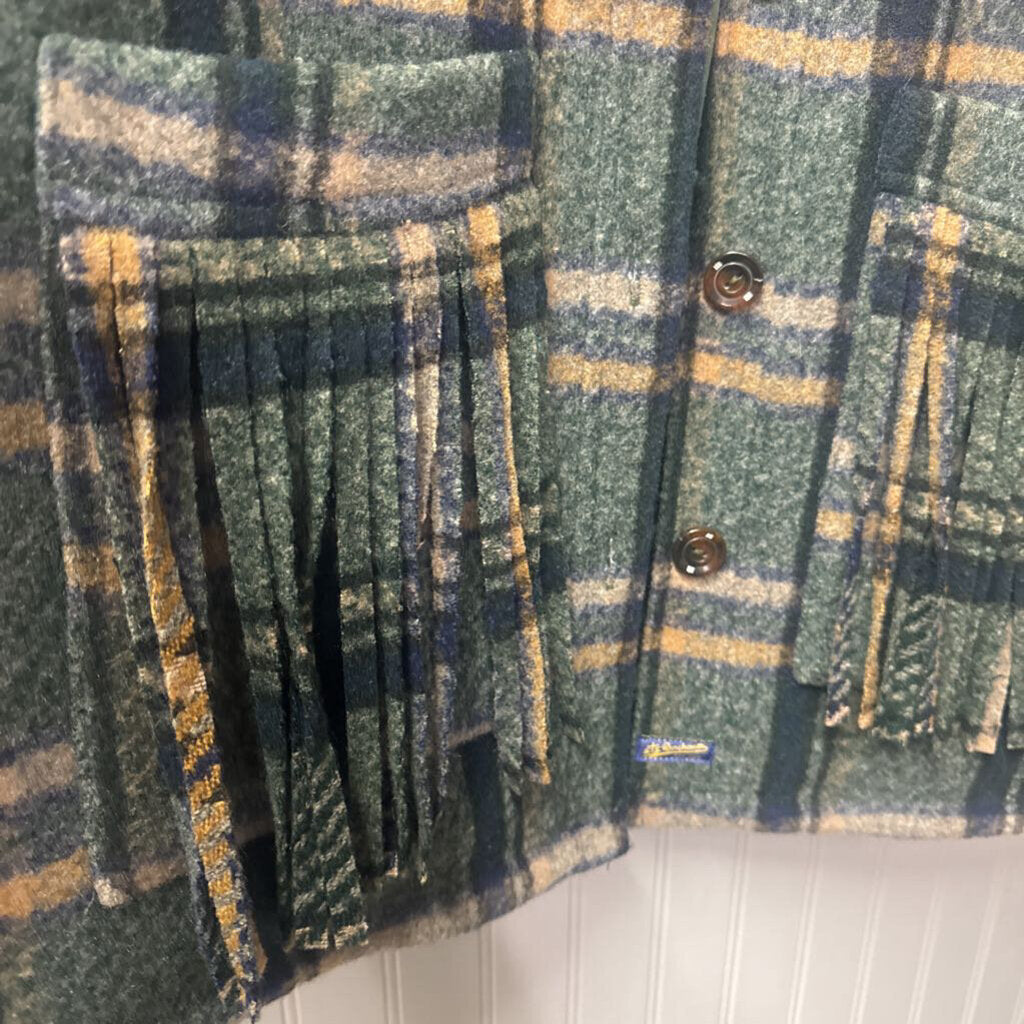 STS,NWT STS PLAID FRINGE COAT RETAIL $174,GRN TAN BLUE ,M