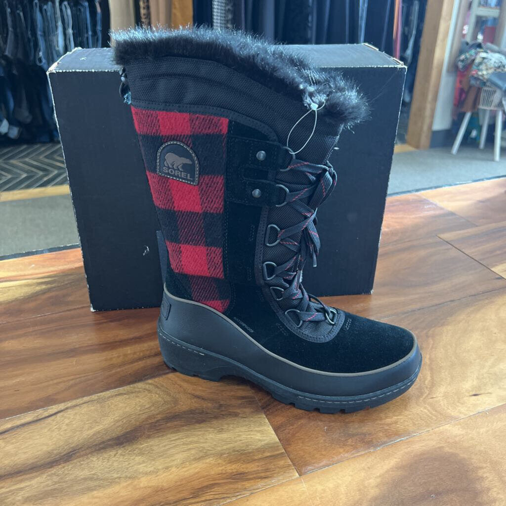 SOREL,PLAID SNOW BOOT,BLACK RED,8.5