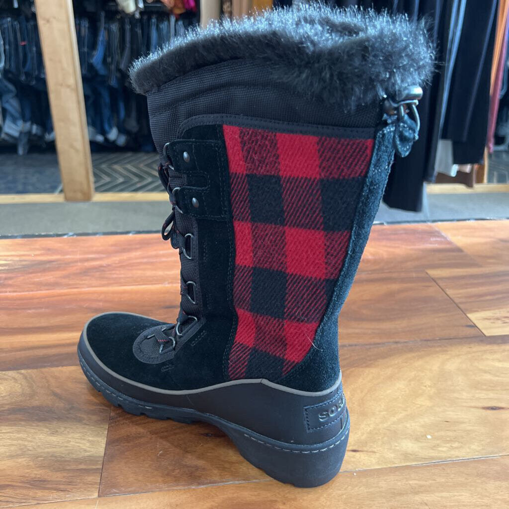 SOREL,PLAID SNOW BOOT,BLACK RED,8.5