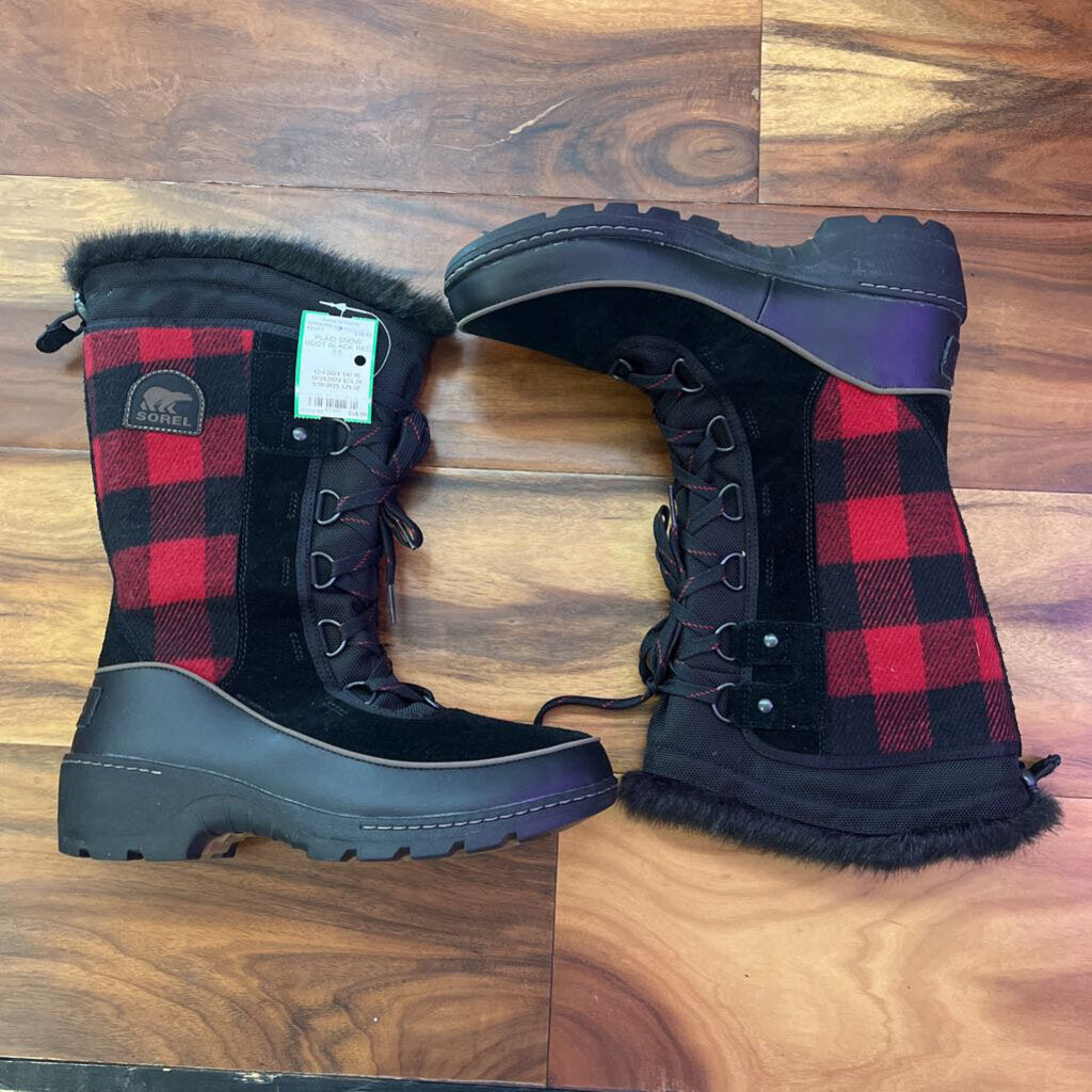 SOREL,PLAID SNOW BOOT,BLACK RED,8.5