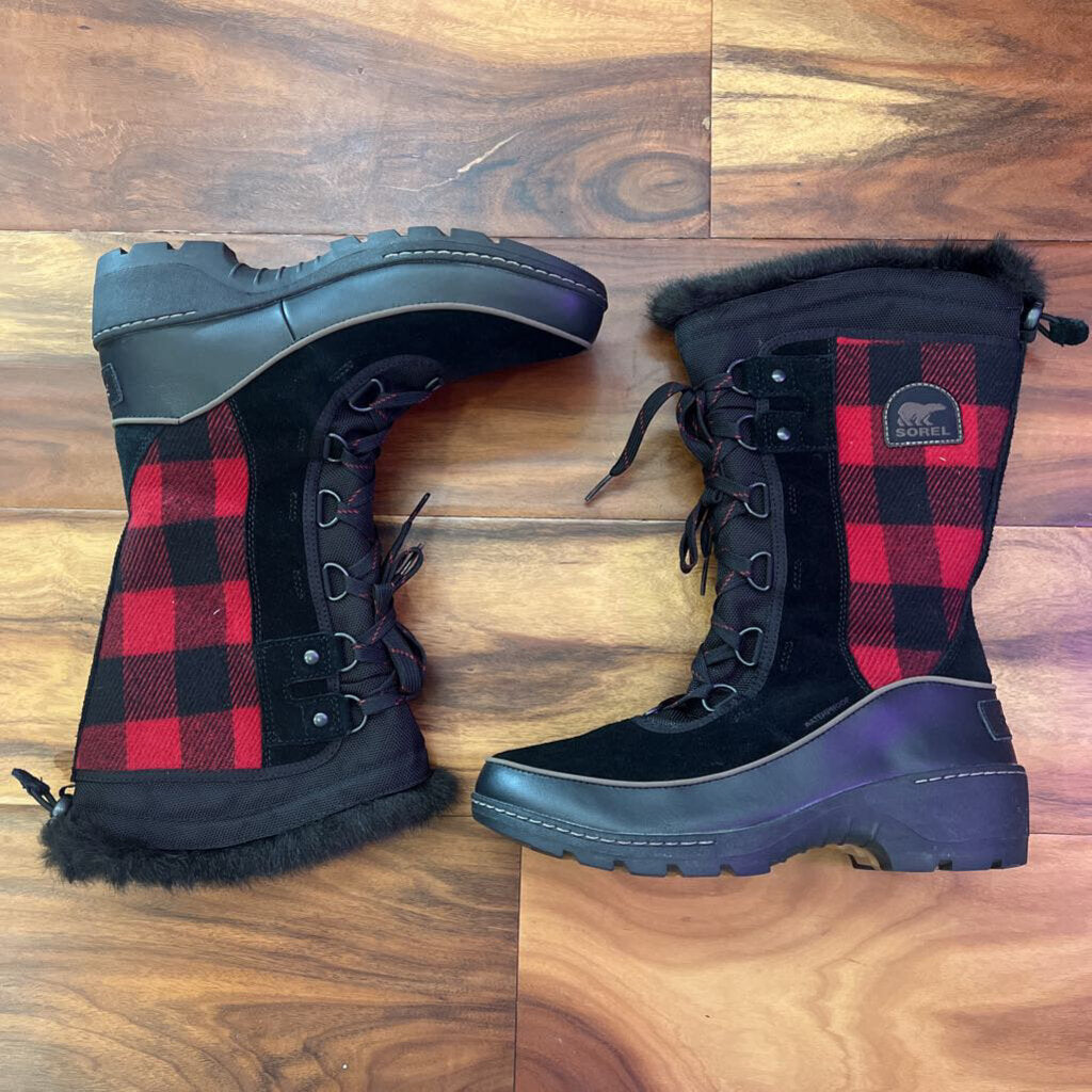 SOREL,PLAID SNOW BOOT,BLACK RED,8.5