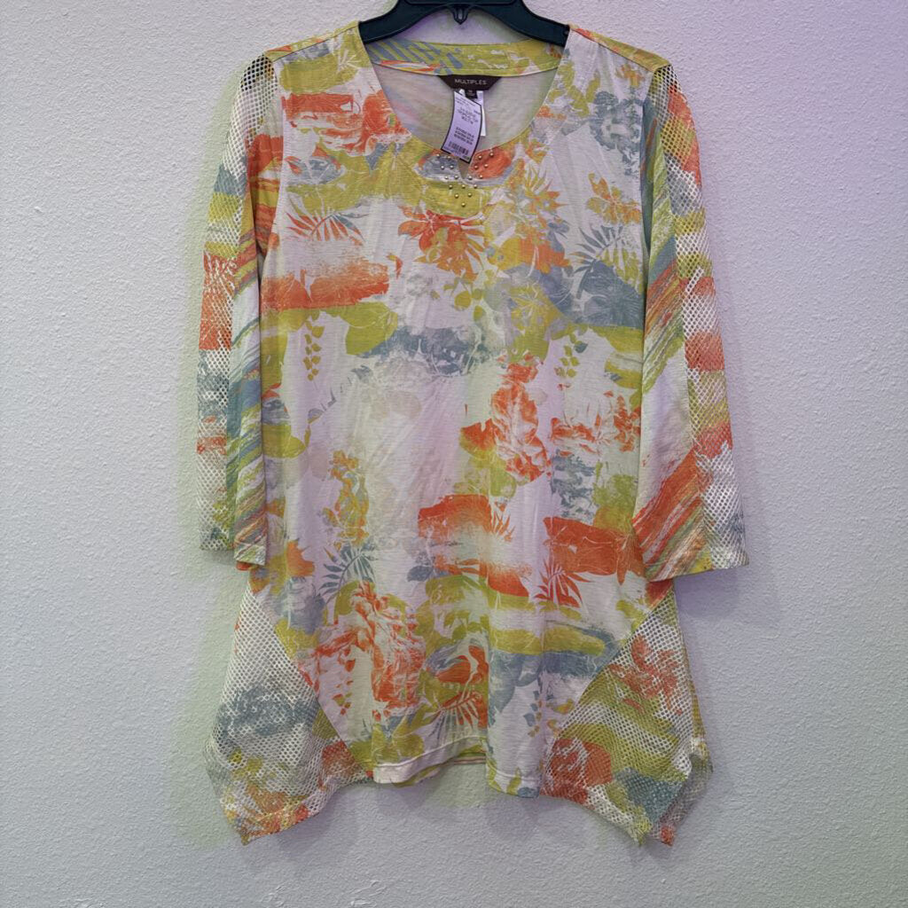 MULTIPLES,3/4 SLEEVE TROPICAL TOP ,MULTI,M