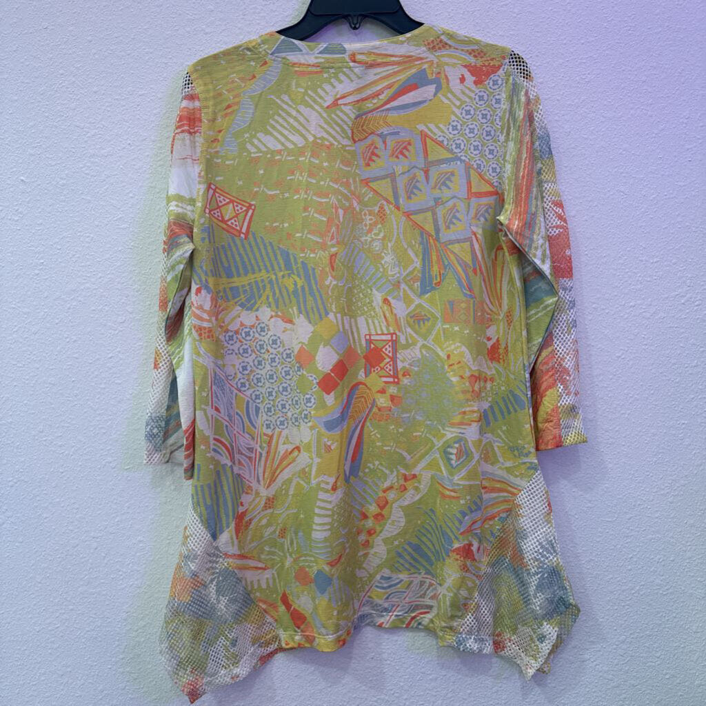 MULTIPLES,3/4 SLEEVE TROPICAL TOP ,MULTI,M