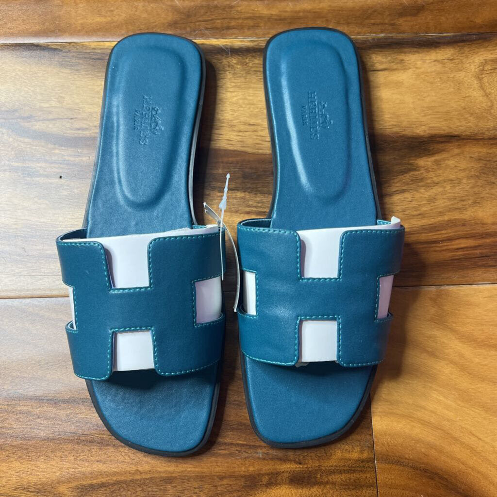 HERMES DUPE,SLIDE SANDAL,TEAL,38