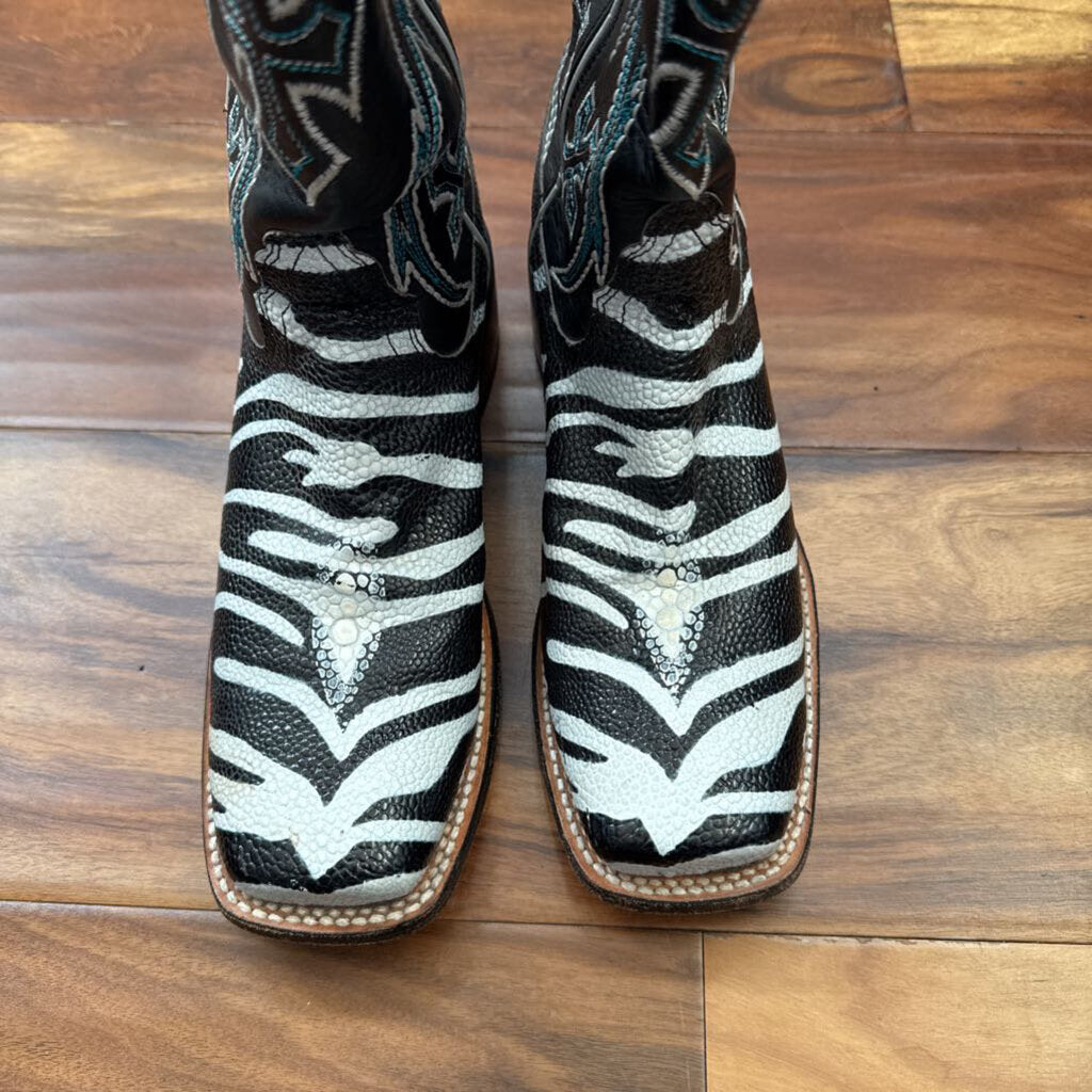 NACONA,ZEBRA PRINT COWBOY BOOT,BLK/WHT,6