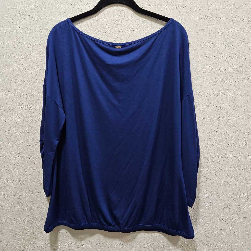 ST. JOHN,3/4 SCRUNCH WAIST TOP ,BLUE ,LARGE