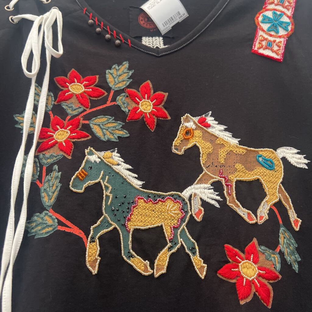 DOUBLE D RANCH,SHORTSLV BEADED HORSE TUNIC,BLACK,XL