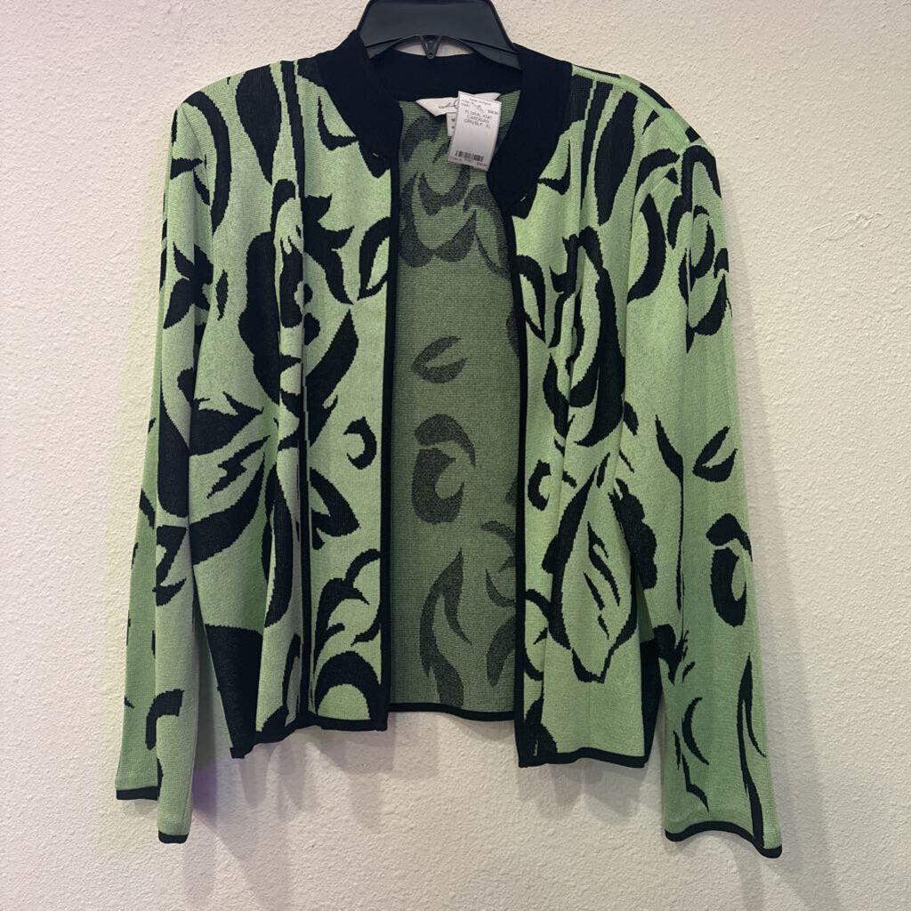 MING WANG,FLORAL KNIT CARDIGAN ,GRN/BLK ,XL