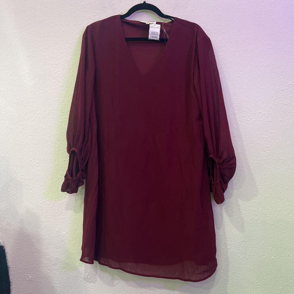 LONGSLV SHEER DRESS,MAROON,S