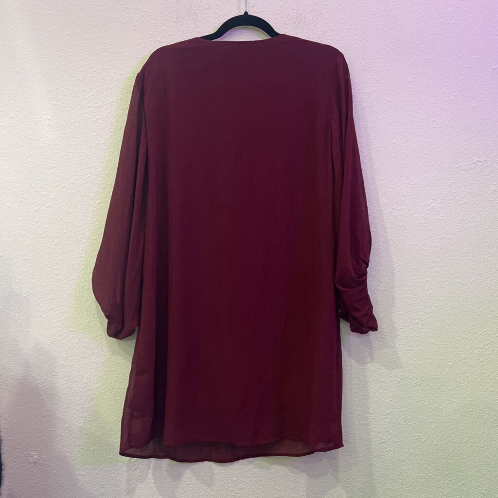 LONGSLV SHEER DRESS,MAROON,S