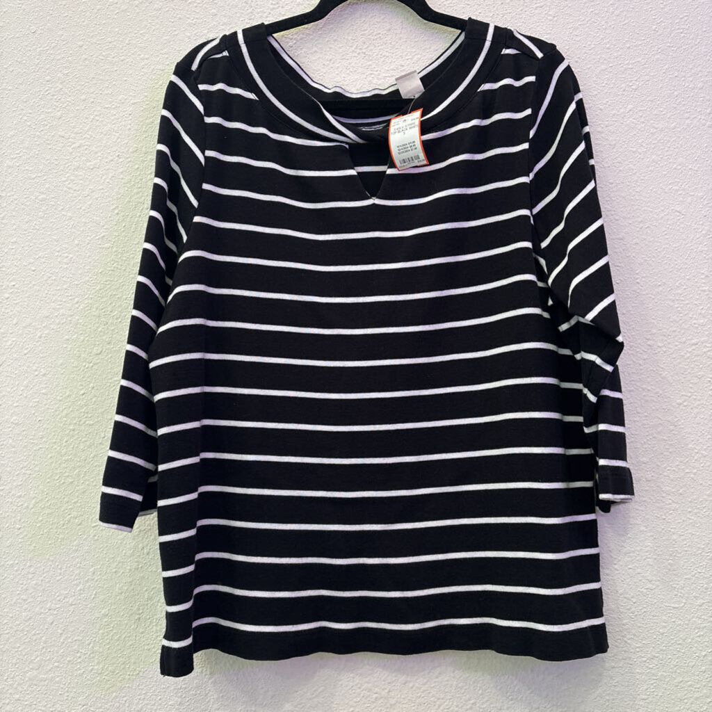 CHICO'S,3/4SLV STRIPE TOP,BLACK WHITE,3