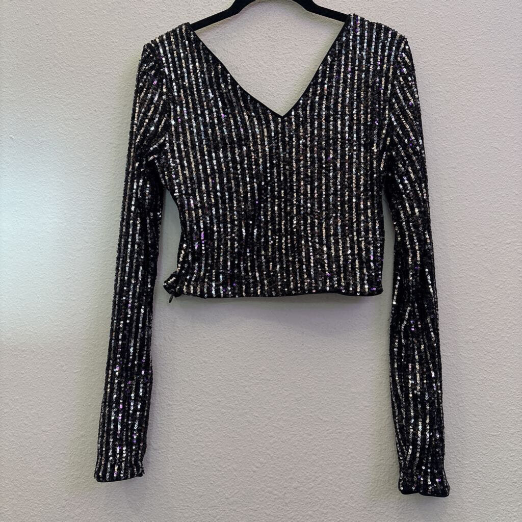 LONGSLV CROP SEQUIN TOP,BLACK SILVER,M