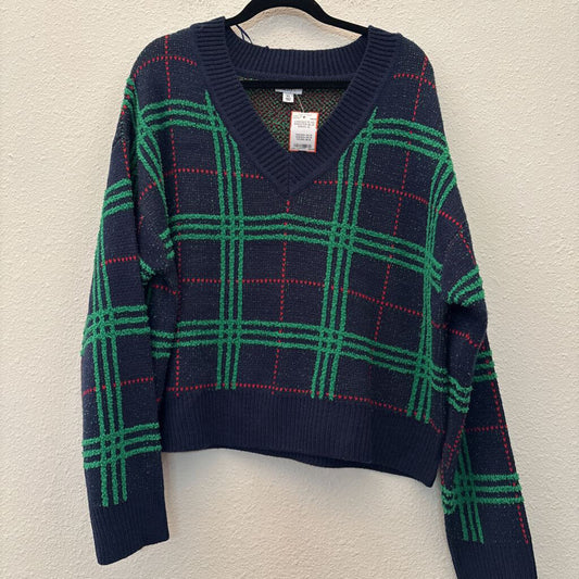 CROWN & IVY,LONGSLV PLAID SWEATER,BLUE GREEN,XL