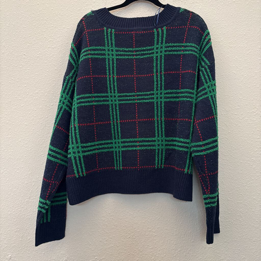 CROWN & IVY,LONGSLV PLAID SWEATER,BLUE GREEN,XL