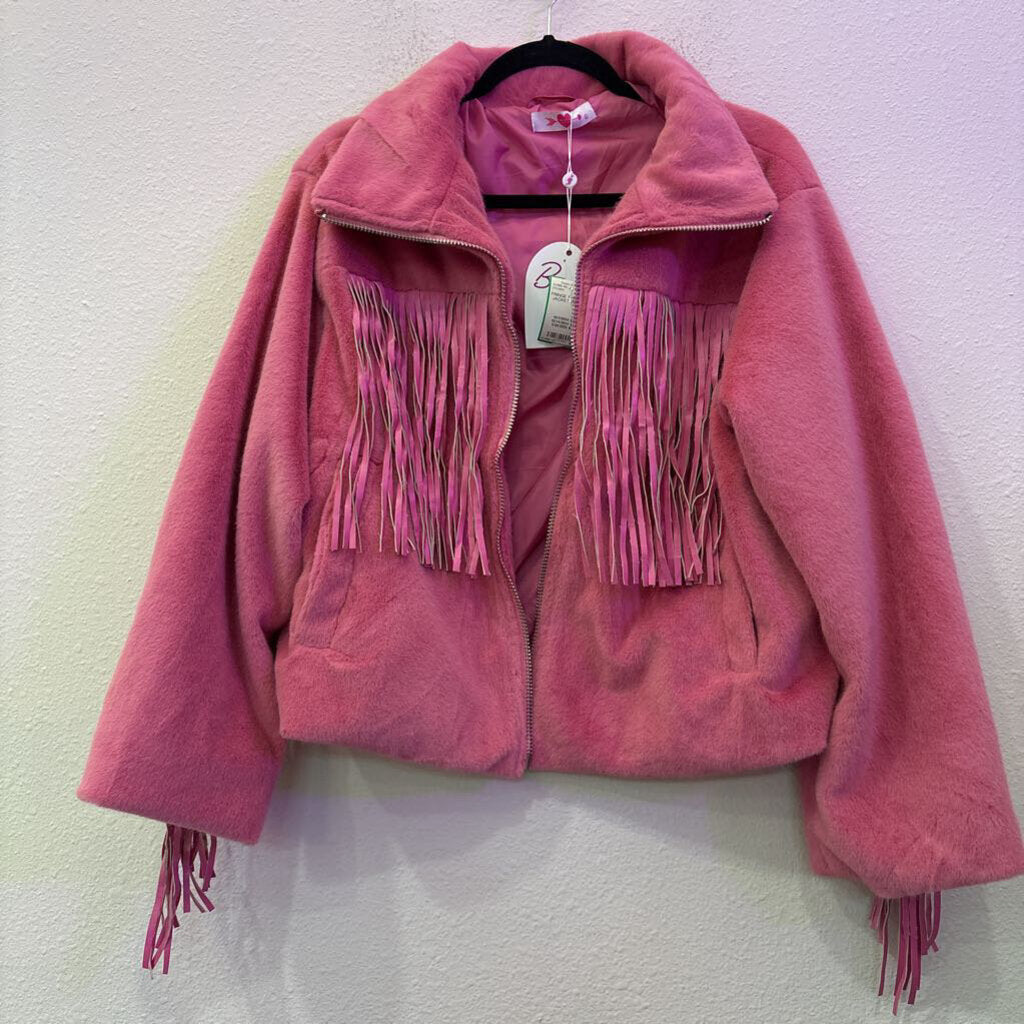 BUDDY LOVE,FRINGE FAUX FUR JACKET,PINK,XL