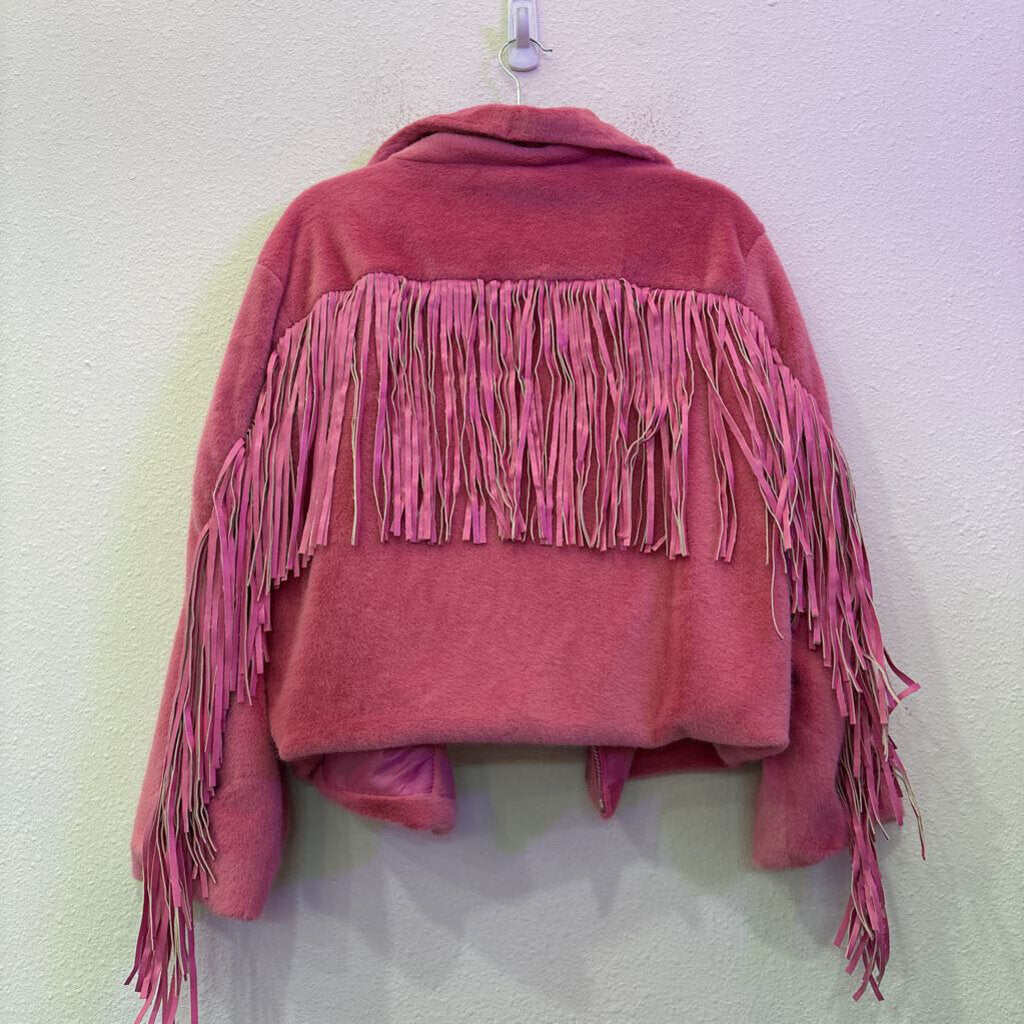 BUDDY LOVE,FRINGE FAUX FUR JACKET,PINK,XL