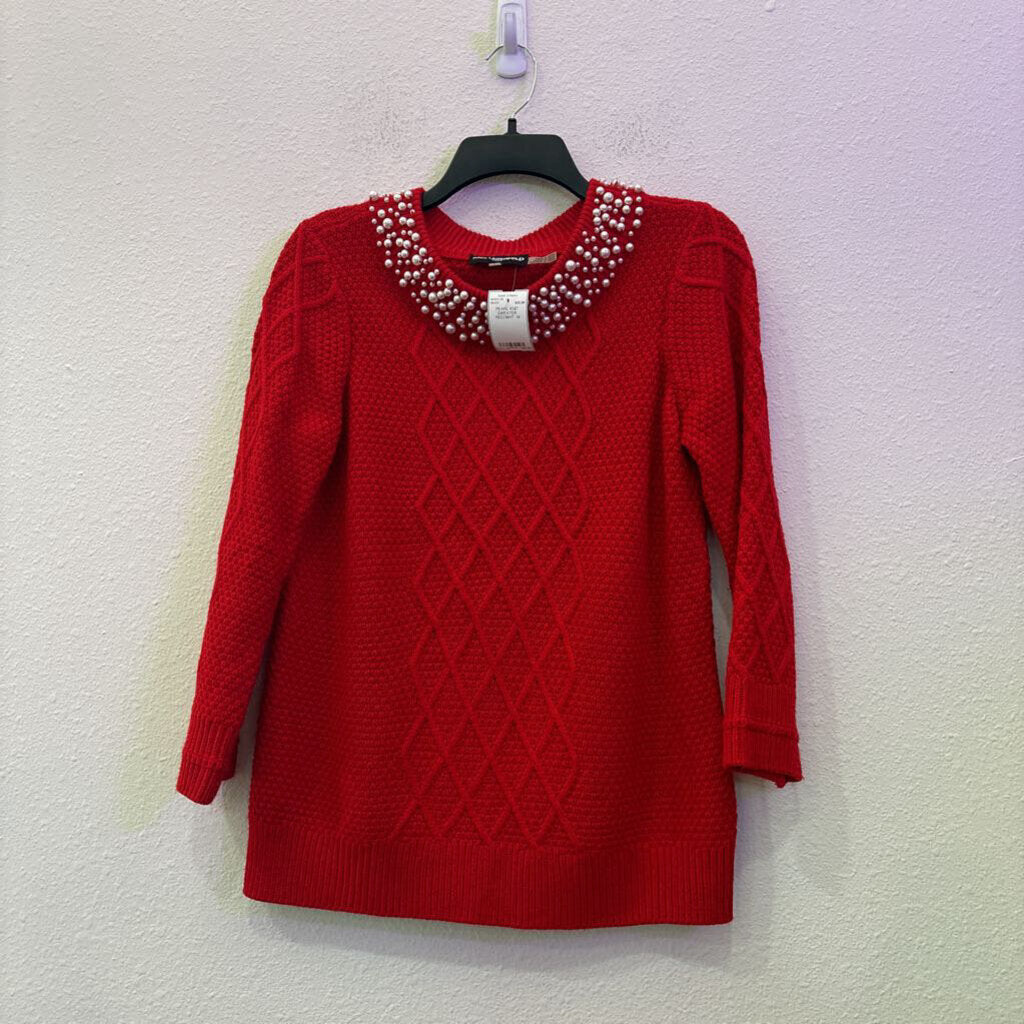 KARL LAGERFELD,PEARL KNIT SWEATER ,RED/WHT ,M