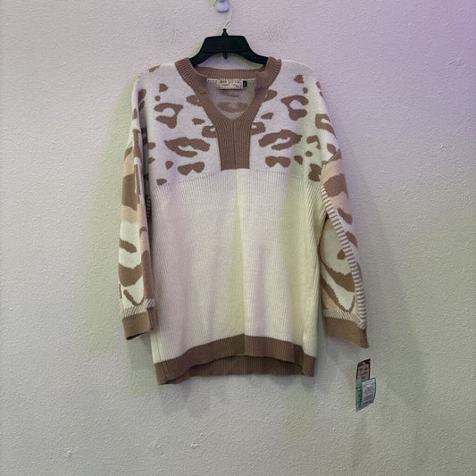 LEOPARD COLORBLOCK SWEATER ,TAN WHT ,M/L