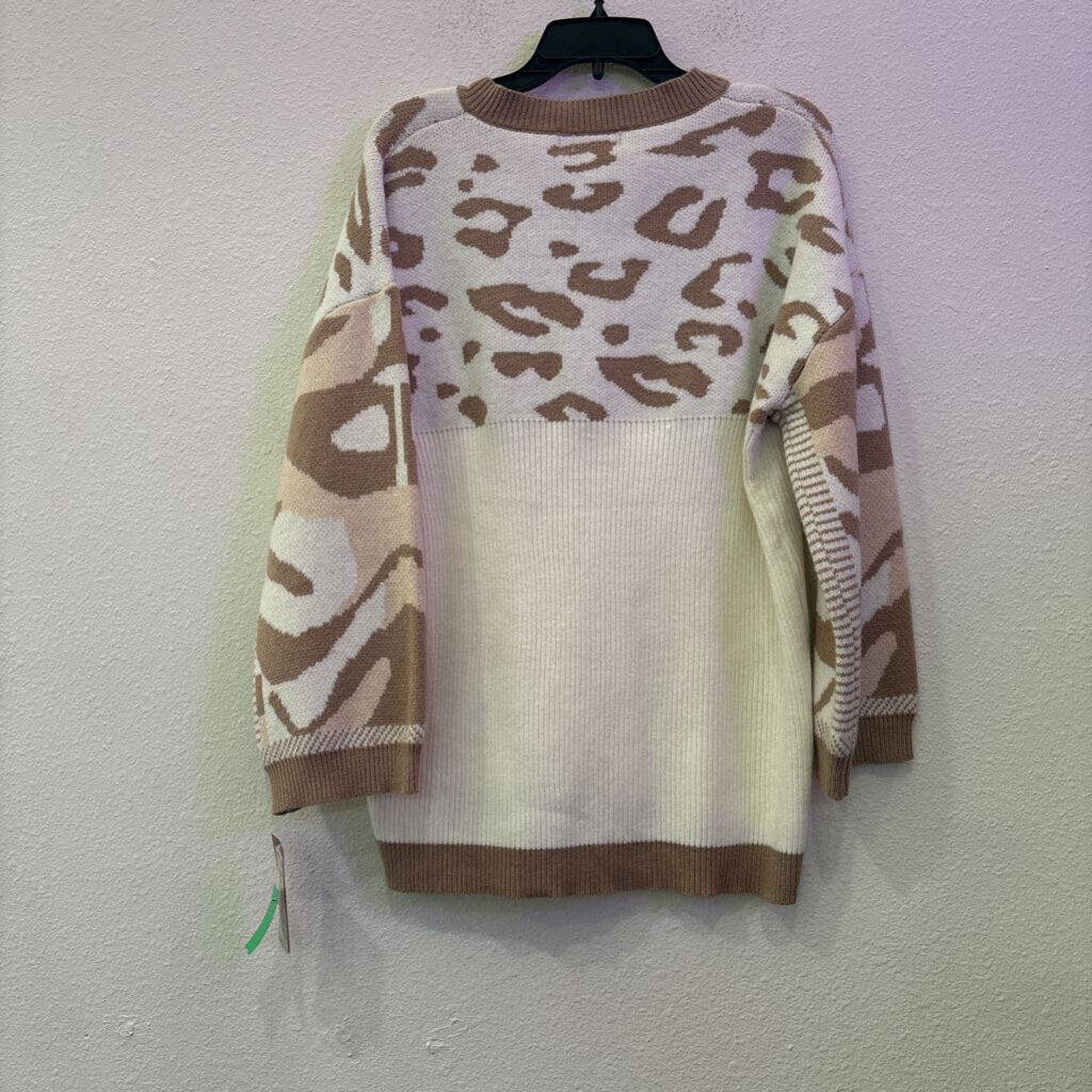 LEOPARD COLORBLOCK SWEATER ,TAN WHT ,M/L