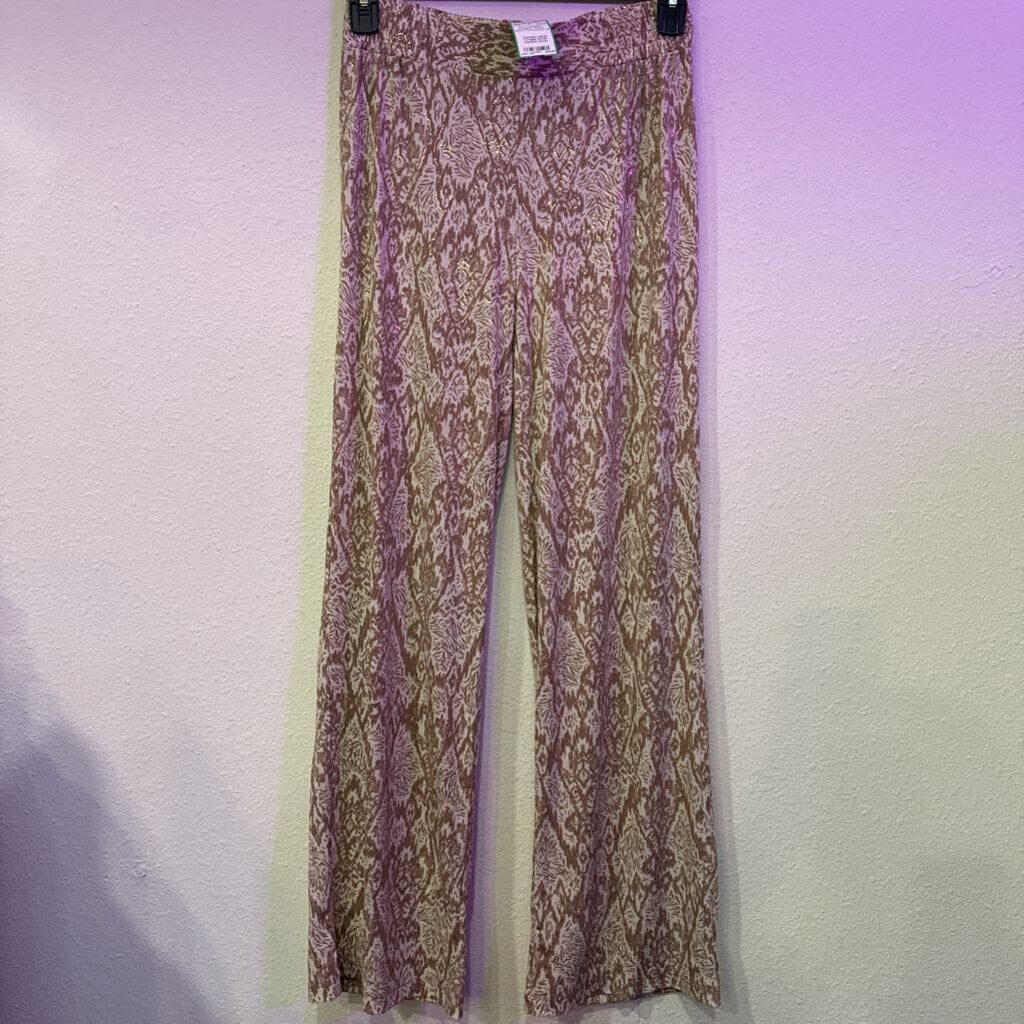 PATTERNED FLOWY PANT ,WHT/TAN/GOLD,M