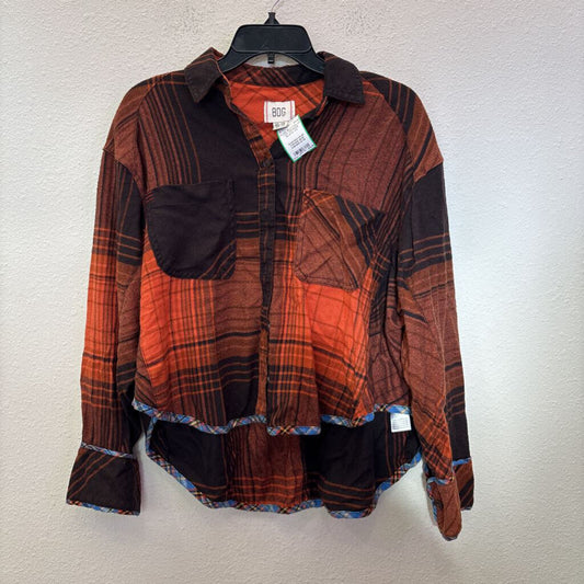 PLAID BUTTON UP TOP,ORANGE BLACK,XS