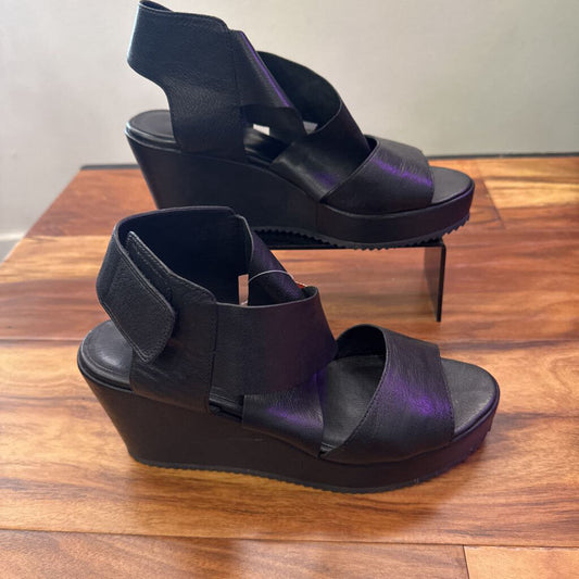 EILEEN FISHER,LEATHER WEDGE ,BLK ,8.5