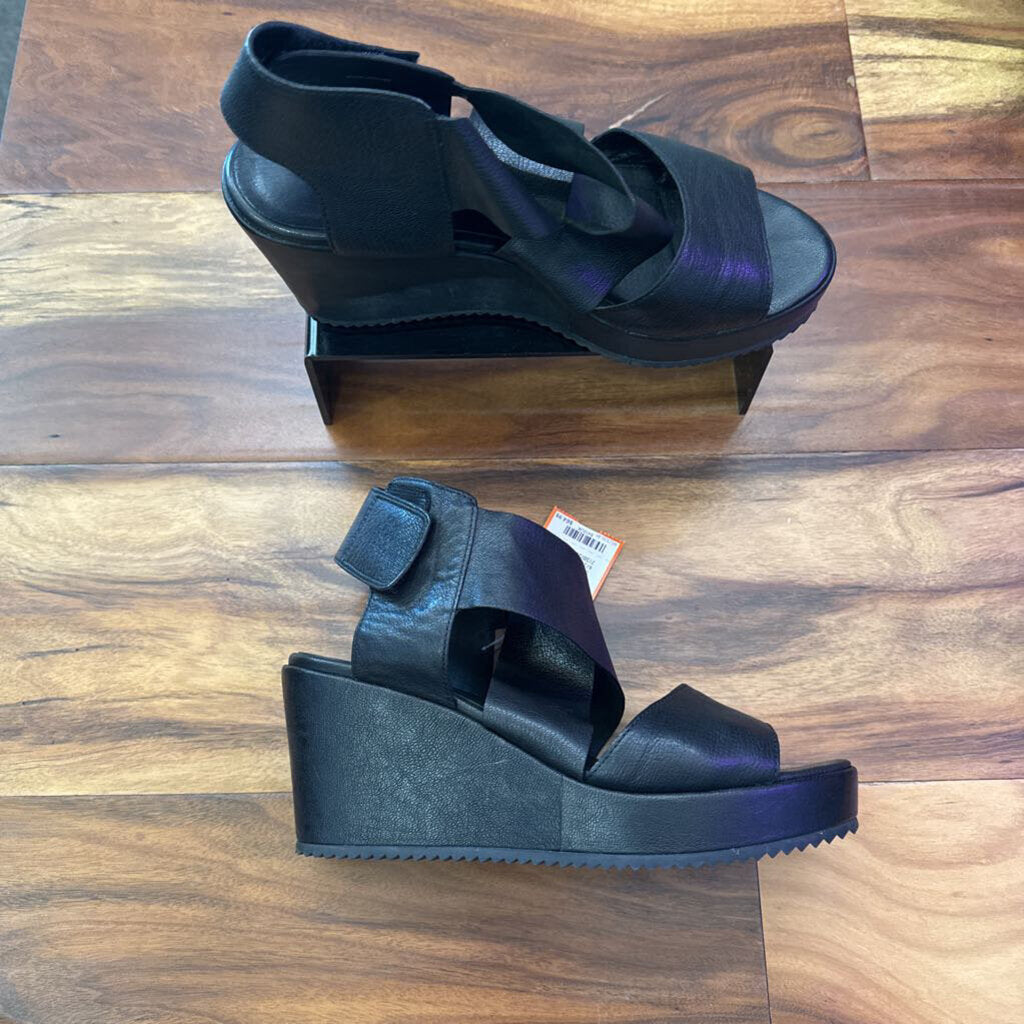 EILEEN FISHER,LEATHER WEDGE ,BLK ,8.5