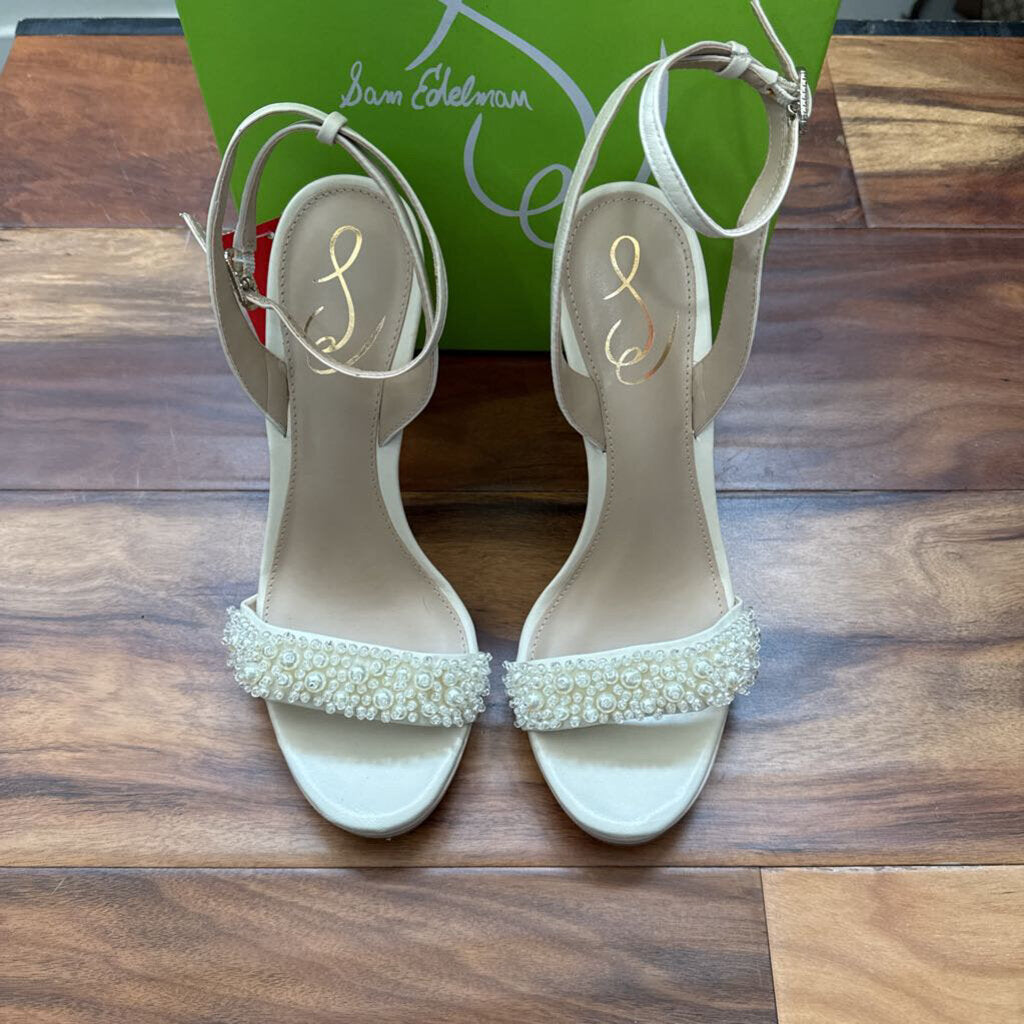 SAM EDELMAN,BEADED WEDDING HEELS,CREAM,8.5