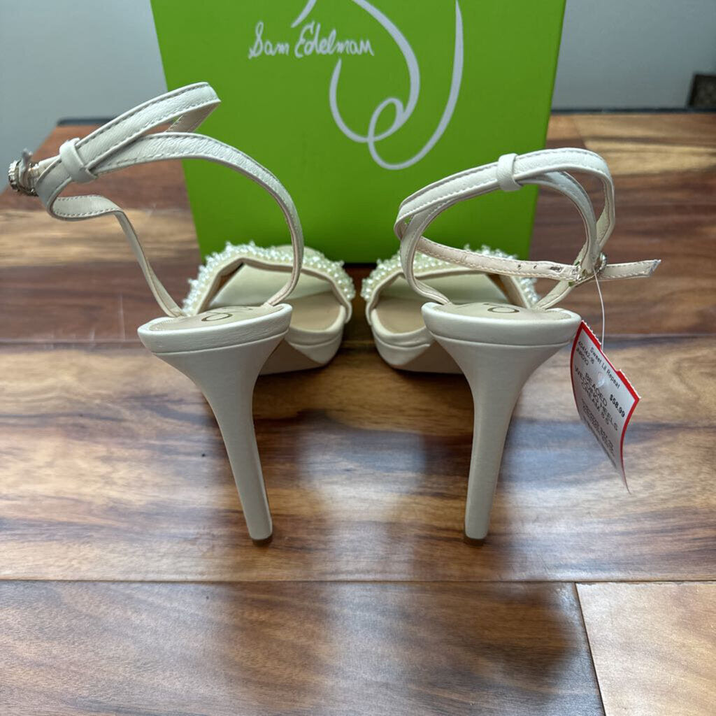 SAM EDELMAN,BEADED WEDDING HEELS,CREAM,8.5