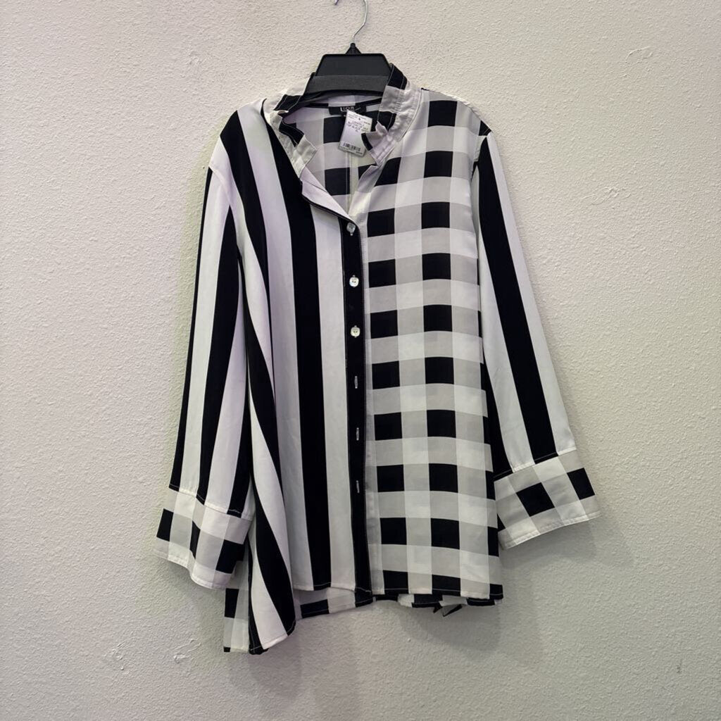 LIOR,LONGSLV BUTTON UP SILK TOP,BLACK WHITE,XL