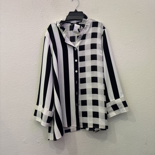 LIOR,LONGSLV BUTTON UP SILK TOP,BLACK WHITE,XL