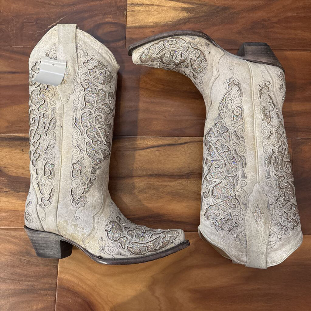 CORRAL,SPARKLE WESTERN BOOTS,CREAM,6.5