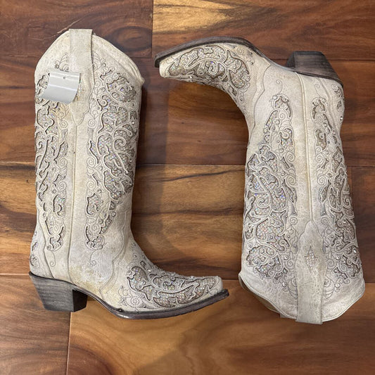 CORRAL,SPARKLE WESTERN BOOTS,CREAM,6.5