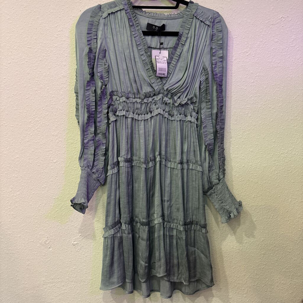 OPT,NWT SILK RUFFLE DRESS,BLUE,XS