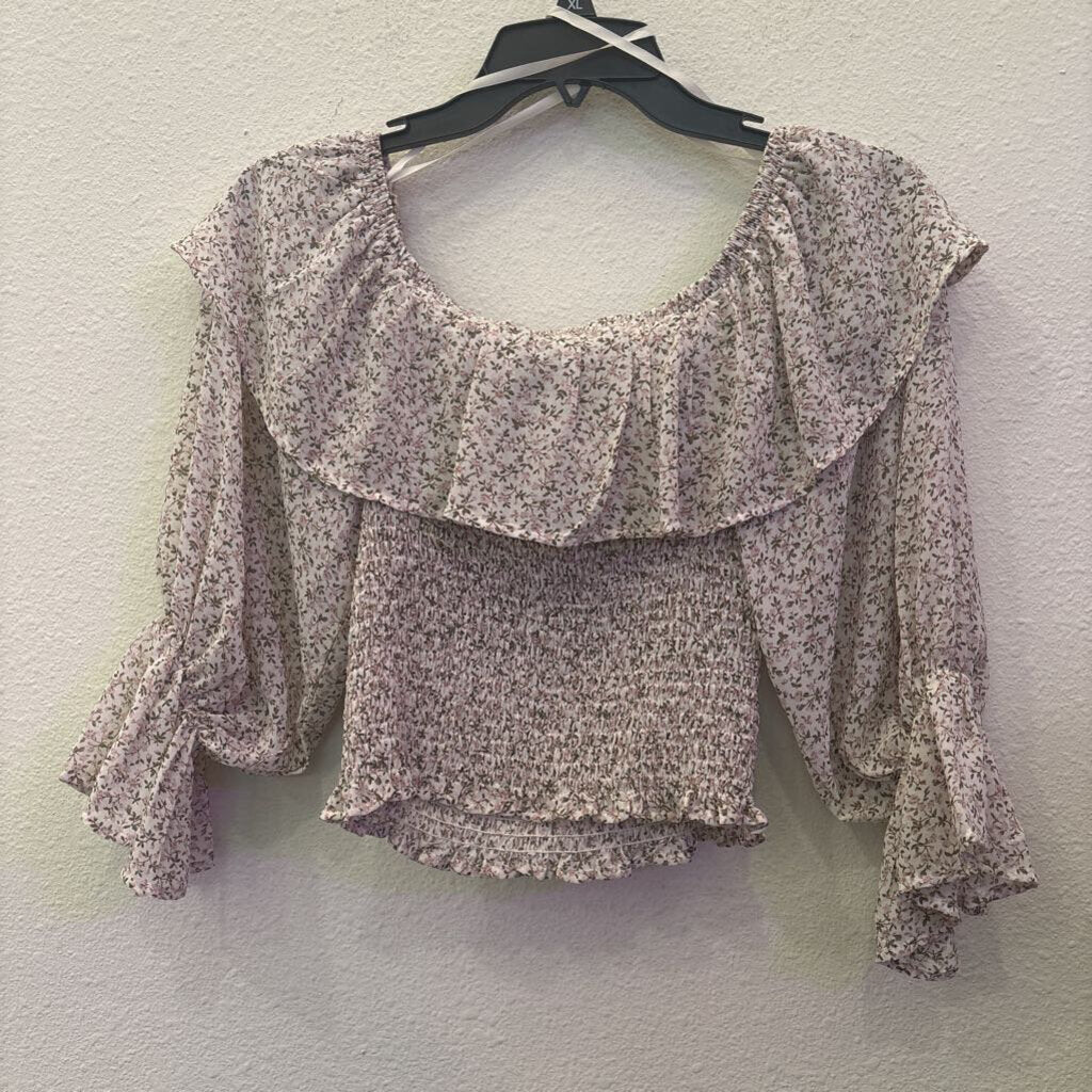 SHE + SKY,RUFFLE FLORAL CROP TOP ,WHT /PINK,S